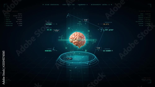 Futuristic medical scan interface showing human brain with biometric data analysis and neuromorphic mapping on dark display