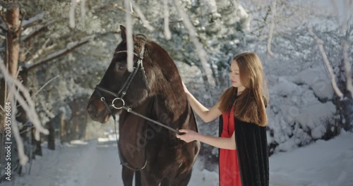 Beautiful young woman stroking a brown horse in winter forest