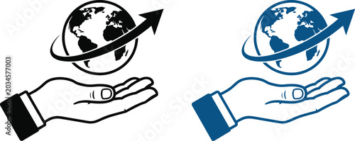Hand holding globe with arrow in black and blue earth