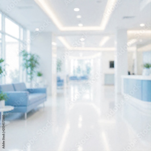 Blurred Modern Hospital Interior Corridor With Soft White Lighting, Clean Healthcare Background