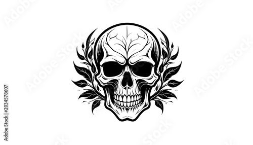 A stark monochrome illustration of a human skull encircled by a wreath of leafy branches, set against a white background
