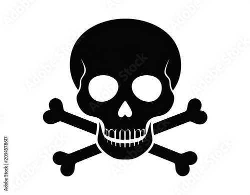 A stark, simple graphic of a black skull with crossed bones, set against a pristine white background