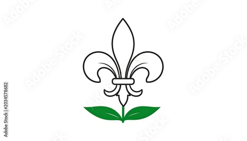 A stark white background featuring a stylized black outline of a fleur-de-lis and green leaves