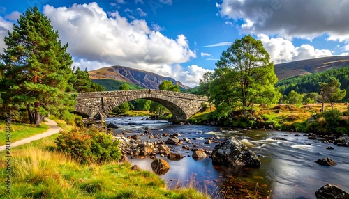 A stone arch bridge spans a clear, flowing river amid vibrant green trees and lush grassy banks under a blue sky