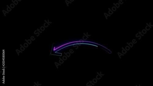 Foto Neon arrow pointing right purple blue black background.