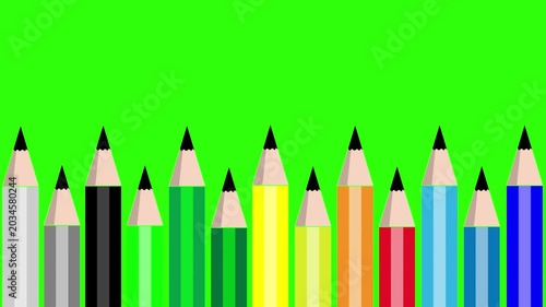 A playful cartoon vector animation of various colored pencils popping up one by one to form a neat row against a chroma key green screen background. Perfect for back-to-school promos, video editing tr
