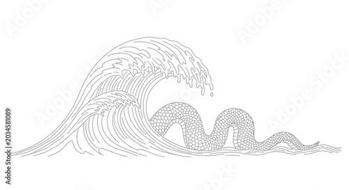 Billede på lærred Mythical Sea Serpent Emerging from Crashing Ocean Wave
