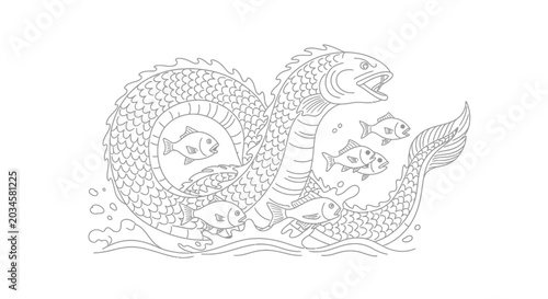 Bild auf Leinwand Mythical Sea Monster Serpent with Small Fish in Water, Outline Illustration