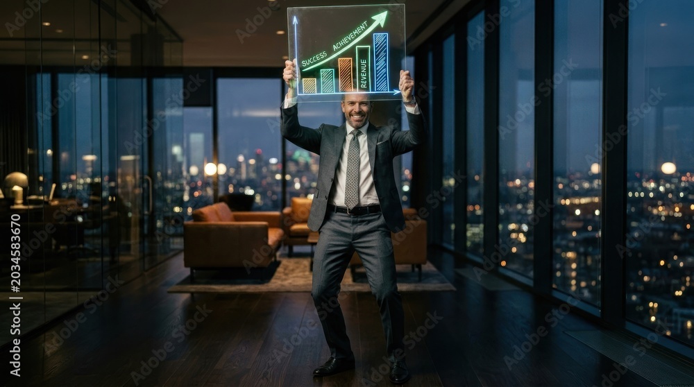 Fototapeta premium Successful businessman celebrates financial growth with holographic stock market chart.