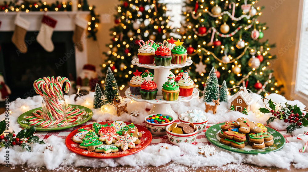 Fototapeta premium Colorful dessert buffet with festive treats and cupcakes in a warm holiday setting perfect for catering services or seasonal party promotions