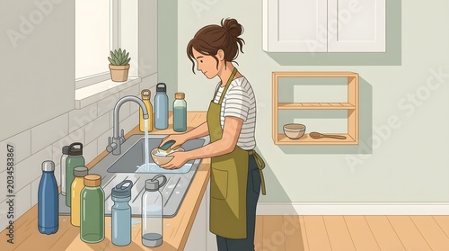 Sustainable Living: A woman diligently washes reusable water bottles at a kitchen sink, embodying a commitment to an eco-friendly lifestyle and reducing waste.