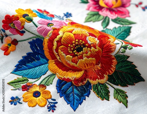Vibrant Floral Embroidery Pattern Stitched on White Fabric Surface