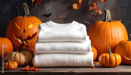 A stack of folded white sweaters sits between carved pumpkins and gourds with autumnal leaves in a festive display