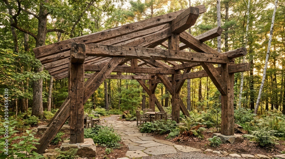 Naklejka premium Rustic Timber Pergola Structure in a Lush Forest Garden Setting