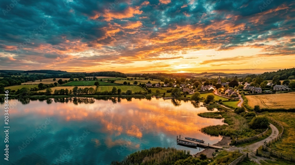 Fototapeta premium Vibrant Sunset Over a Serene Lake and Picturesque Village.