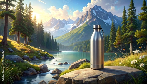 A stainless steel bottle sits on a rock near a lake, framed by lush greenery and towering mountains under a bright sky
