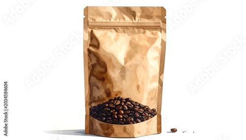 A standing brown paper pouch with a clear window revealing coffee beans, set against a stark white background