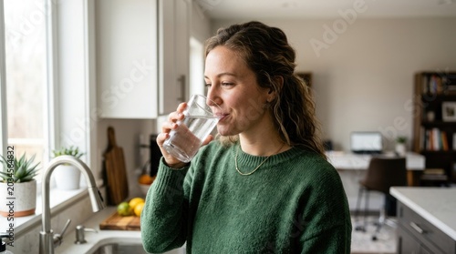 Woman drinking water in kitchen near window.