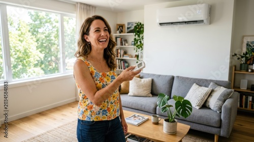 Woman happily controlling air conditioning unit with remote in a bright living room.