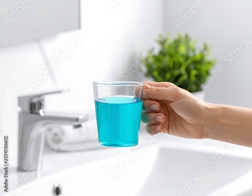 Closeup Hand Holding Blue Mouthwash in Bright Modern Bathroom Sink