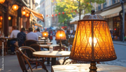 A street scene captures a restaurant patio with patrons, tables, lamps aglow, and buildings in the background. Sunlight bathes the area