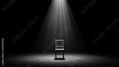 Spotlight chair empty stage dark room black background dramatic solitude minimal scene