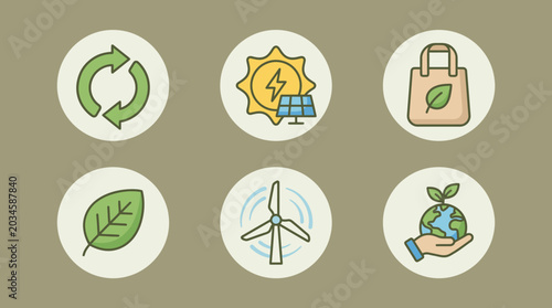 Sustainable Living Icons: A collection of stylized icons representing eco-friendly practices, including recycling, solar energy, reusable bags, leaves, wind turbines, and hand-held Earth.