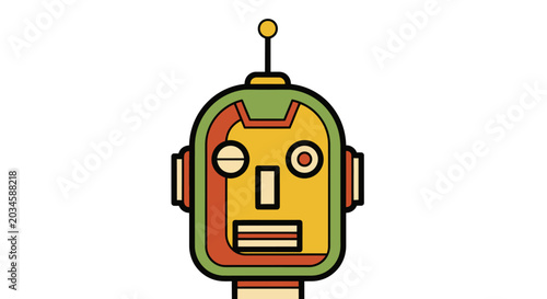 Foto Robot Head Illustration with Retro Design and Green Yellow Orange Colors