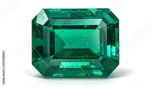 A stunning, emerald-cut gemstone with a vibrant, deep green hue, showcasing facets and internal features against a white background