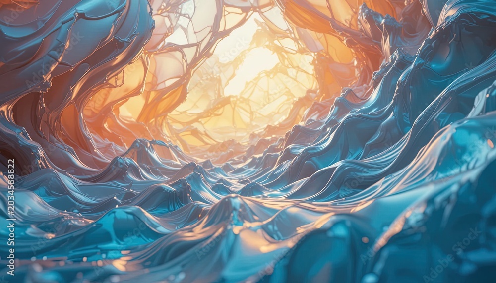 Naklejka premium Abstract liquid waves flow through a glowing cavernous tunnel with soft light.