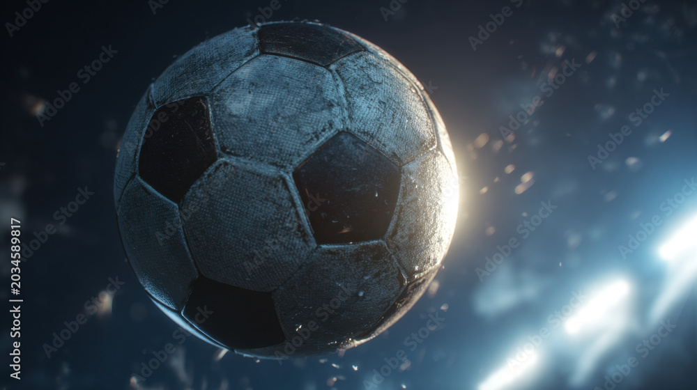 Naklejka premium Soccer ball in flight close up high speed dramatic light dark background motion sport action airborne ball