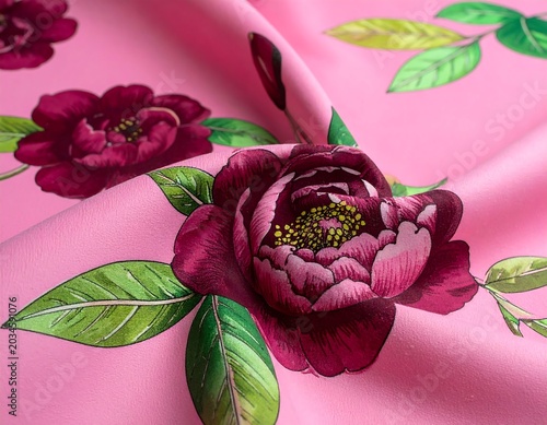 Vibrant Burgundy Peony Pattern on Folded Pink Fabric Surface