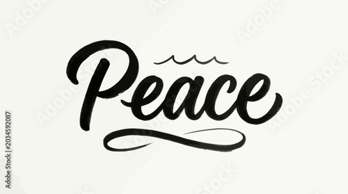 Foto Handwritten Word Peace with Gentle Waves Symbol on White Background