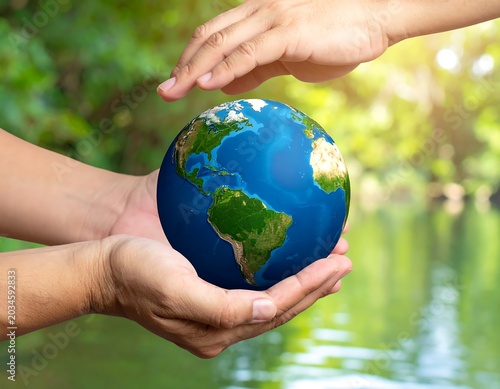 Caring Human Hands Holding Blue Earth Globe Above Green Nature Water