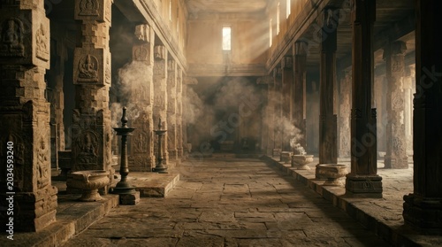 Ethereal smoke plumes drift through an ancient temple hall with light rays illuminating stone columns and pathways, evoking spiritual ambiance.