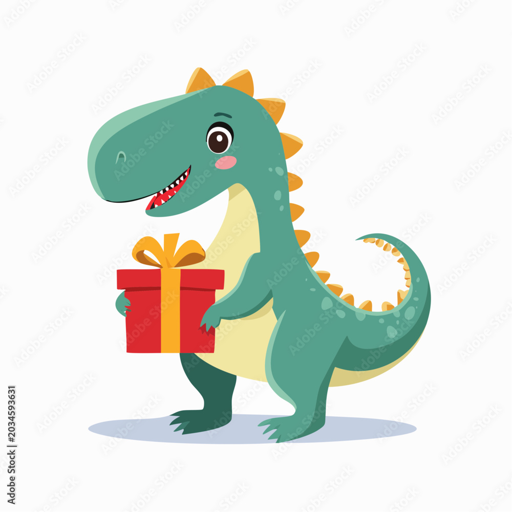 Naklejka premium Cute Cartoon Dinosaur Holding a Gift Box