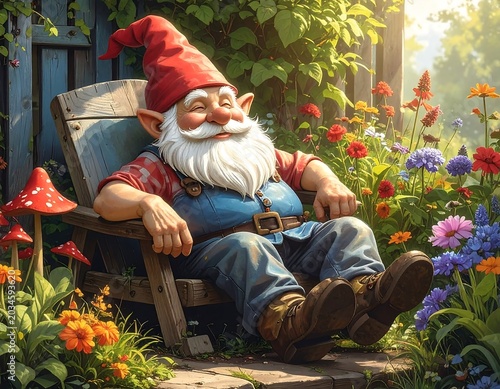 Cheerful Bearded Garden Gnome Relaxing in Wooden Chair Among Colorful Flowers