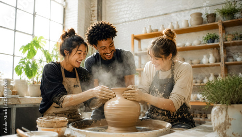 Happy Gen Y and Gen Z multiethnic friends laugh together while shaping a clay vase on a pottery wheel during a creative ceramics workshop in a sunlit studio.