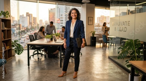 Confident Businesswoman Standing in Modern Office with Colleagues Working in Background.