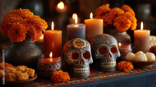 Day of Dead altar with painted skull candle and marigold flowers, glowing candles, festive memorial table, warm celebration scene