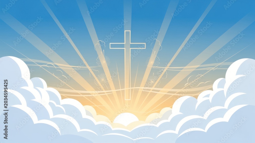 Obraz premium Christian Cross with Sunburst and Clouds