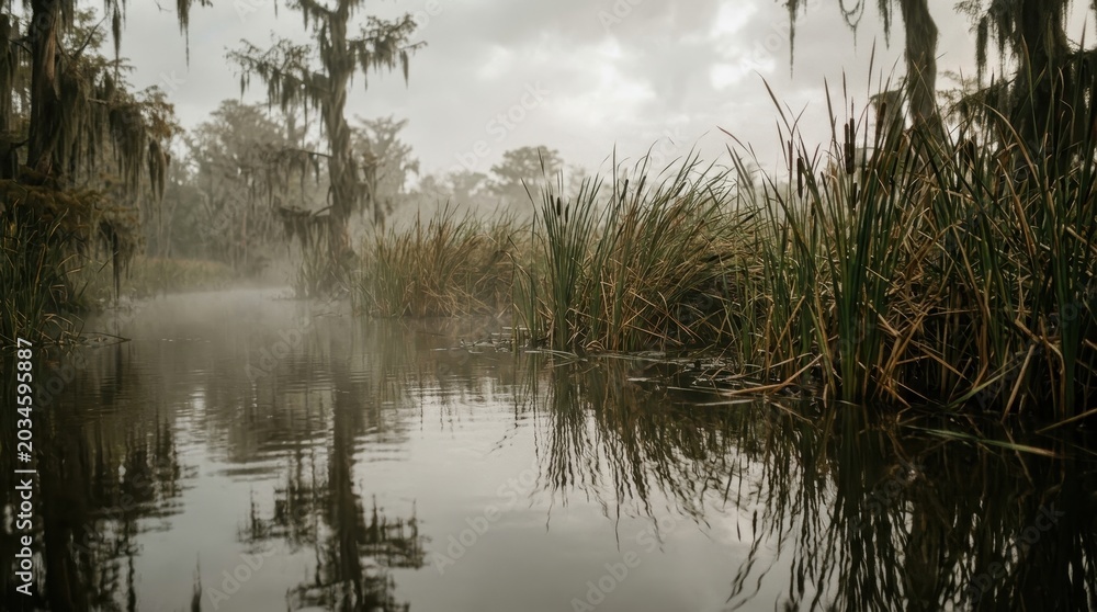 Obraz premium Misty swamp landscape with cattails, cypress trees, and reflections in the water