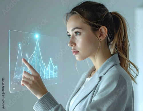 Focused Young Woman Interacting with Transparent Data Chart in Modern Office