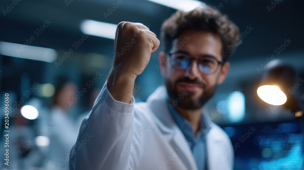 Obraz premium Scientist laboratory researcher experiment success celebration victory fist man glasses