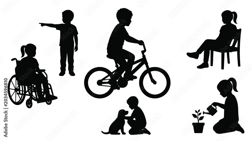 Obraz premium Diverse group of young children shown as black vector silhouettes engaged in various daily activities today