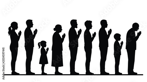Black vector illustration of a diverse group of people standing together in prayerful meditative silence