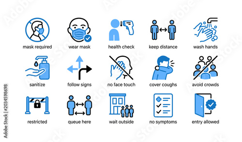 Health and safety icons showing precautions and entry guidance