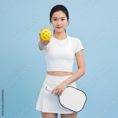 Asian woman pickleball player holding a yellow ball and paddle on a blue background.