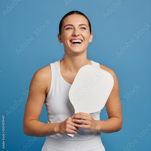 Happy pickleball player laughing while holding white paddle against the blue surface