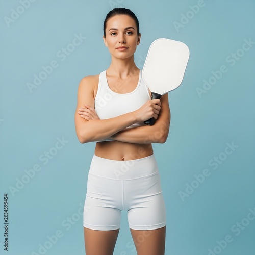 woman holding pickleball paddle in white sportswear standing against blue background